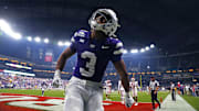 Kansas State running back Dylan Edwards (3) celebrates the go-ahead touchdown against Rutgers during the second half of the Rate Bowl at Chase Field on Dec. 26, 2024, in Phoenix.