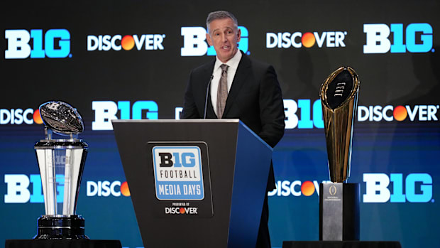 Big Ten commissioner Tony Petitti speaks to the media