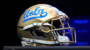 Jul 29, 2022; Los Angeles, CA, USA; A detailed view of UCLA Bruins helmet during Pac-12 Media Day at Novo Theater. Mandatory Credit: Kirby Lee-Imagn Images