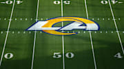 Oct 2, 2025; Inglewood, California, USA; The Los Angeles Rams helmet logo at midfield at SoFi Stadium. Mandatory Credit: Kirby Lee-Imagn Images