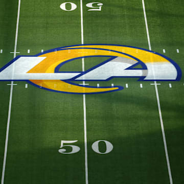 Oct 2, 2025; Inglewood, California, USA; The Los Angeles Rams helmet logo at midfield at SoFi Stadium. Mandatory Credit: Kirby Lee-Imagn Images