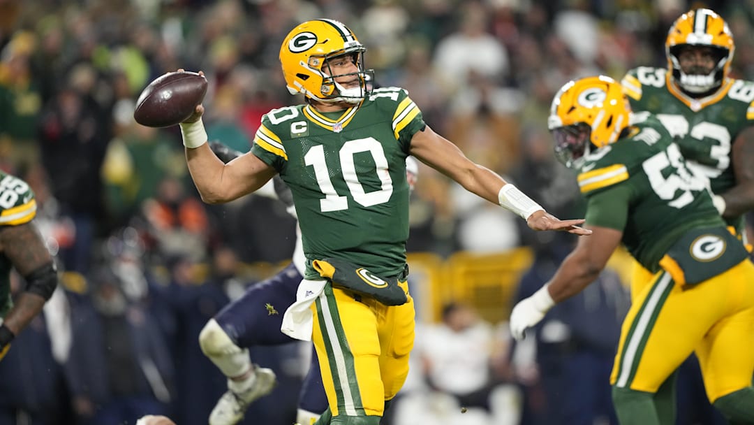 Dec 7, 2025; Green Bay, Wisconsin, USA; Green Bay Packers quarterback Jordan Love (10) throws the ball in the third quarter against the Chicago Bears at Lambeau Field. Mandatory Credit: Jeff Hanisch-Imagn Images