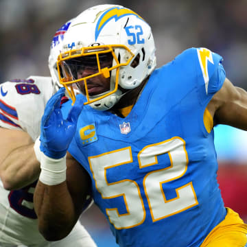 Dec 23, 2023; Inglewood, California, USA; Los Angeles Chargers linebacker Khalil Mack (52) rushes against the Buffalo Bills in the second half at SoFi Stadium. Mandatory Credit: Kirby Lee-USA TODAY Sports