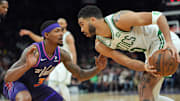 Mar 9, 2024; Phoenix, Arizona, USA; Phoenix Suns guard Bradley Beal (3) guards Boston Celtics forward Jayson Tatum (0) during the second half at Footprint Center. Mandatory Credit: Joe Camporeale-Imagn Images