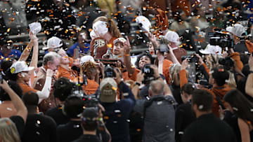 Mar 2, 2025; Austin, Texas, USA; Texas Longhorns celebrate being co-SEC regular-season champions after their victory over the Florida Gators at Moody Center. Mandatory Credit: Scott Wachter-Imagn Images