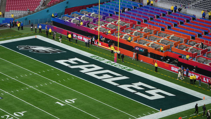 A general view of the Philadelphia Eagles logo in the end zone before Super Bowl LVII against the Kansas City Chiefs.