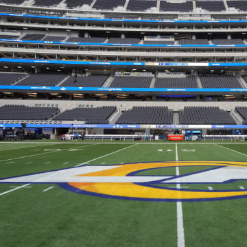 Dec 21, 2023; Inglewood, California, USA; The Los Angeles Rams logo at midifeld at SoFi Stadium. Mandatory Credit: Kirby Lee-USA TODAY Sports
