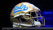 Jul 29, 2022; Los Angeles, CA, USA; A detailed view of UCLA Bruins helmet during Pac-12 Media Day at Novo Theater. Mandatory Credit: Kirby Lee-USA TODAY Sports