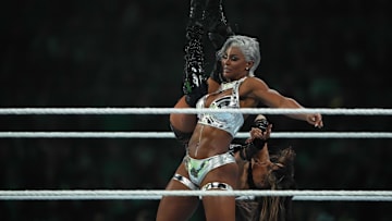 Apr 6, 2024; Philadelphia, PA, USA; Jade Cargill & Bianca Belair & Naomi vs. Damage CTRL during Wrestlemania XL Saturday at Lincoln Financial Field. Mandatory Credit: Joe Camporeale-Imagn Images