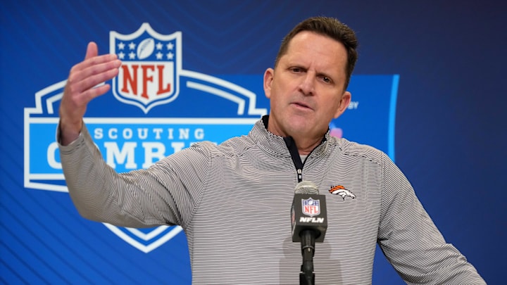 Feb 25, 2025; Indianapolis, IN, USA; Denver Broncos general manager George Paton speaks during the NFL Scouting Combine at the Indiana Convention Center. Mandatory Credit: Kirby Lee-Imagn Images Feb 25, 2025; Indianapolis, IN, USA; Denver Broncos general manager George Paton speaks during the NFL Scouting Combine at the Indiana Convention Center. Mandatory Credit: Kirby Lee-Imagn Images
