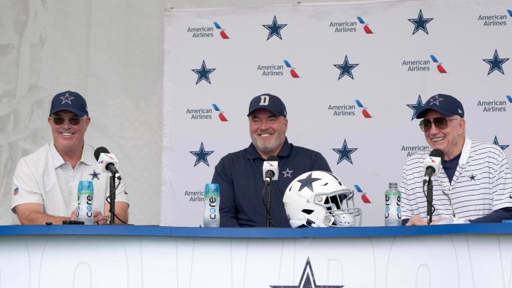 Jul 26, 2022; Oxnard, CA, USA; Dallas Cowboys chief operating officer Stephen Jones (left), coach Mike McCarthy (center) and owner Jerry Jones at training camp press conference at the River Ridge Fields.  