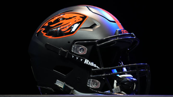 Jul 29, 2022; Los Angeles, CA, USA; A detailed view of Oregon State Beavers helmet during Pac-12 Media Day at Novo Theater. Mandatory Credit: Kirby Lee-USA TODAY Sports