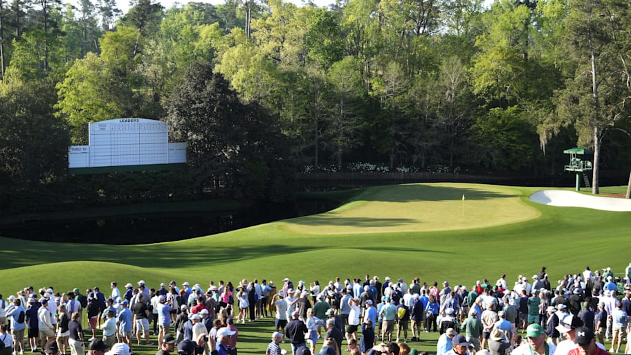 A scenic view of the no. 11 green during a practice round for the Masters Tournament 