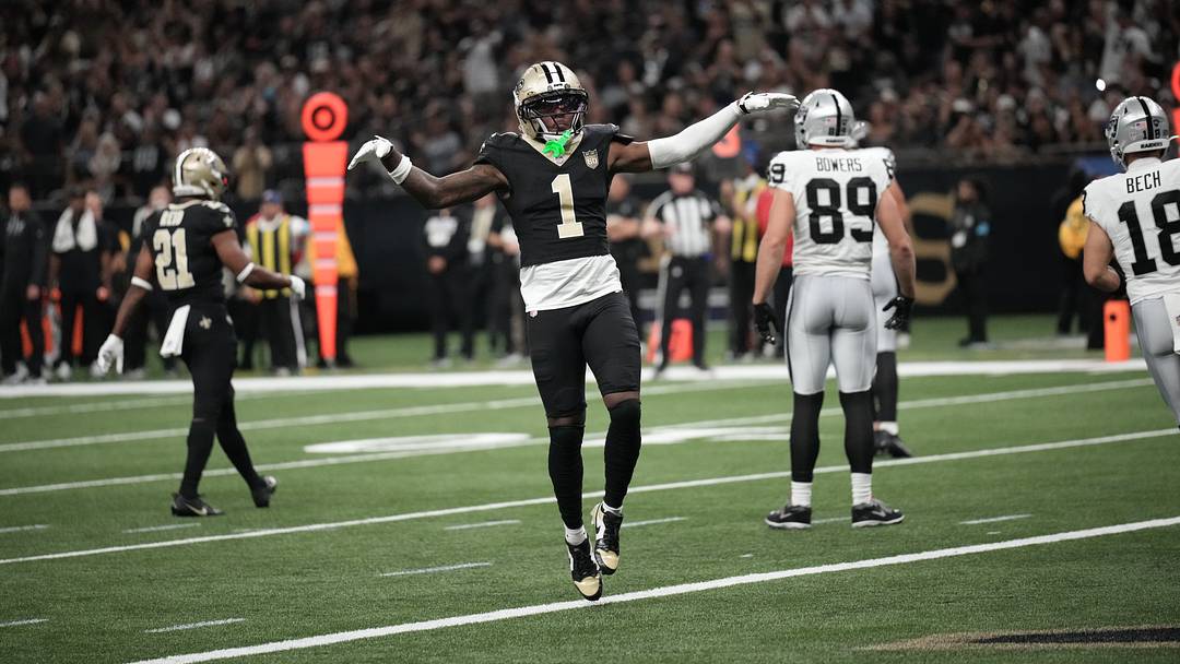 Sep 27, 2026; New Orleans, Louisiana, USA; New Orleans Saints cornerback Kool-Aid McKinstry (1) reacts during the first quarter against the Las Vegas Raiders at Caesars Superdome. Sep 27, 2026; New Orleans, Louisiana, USA; New Orleans Saints cornerback Kool-Aid McKinstry (1) reacts during the first quarter against the Las Vegas Raiders at Caesars Superdome.