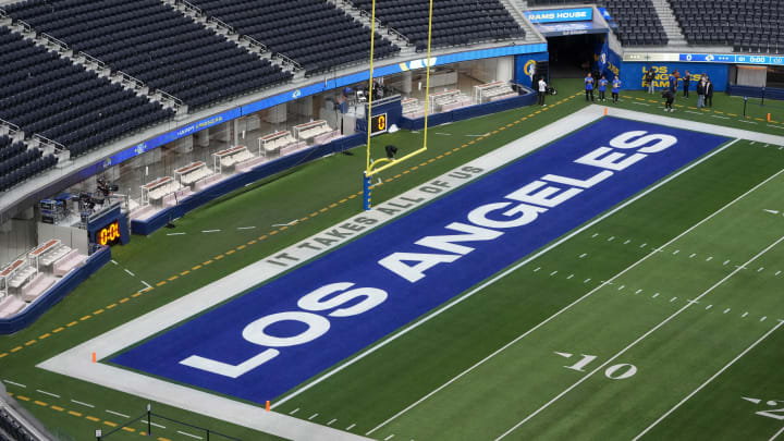 Dec 21, 2023; Inglewood, California, USA; The Los Angeles Rams logo in the end zone at SoFi Stadium. Mandatory Credit: Kirby Lee-USA TODAY Sports