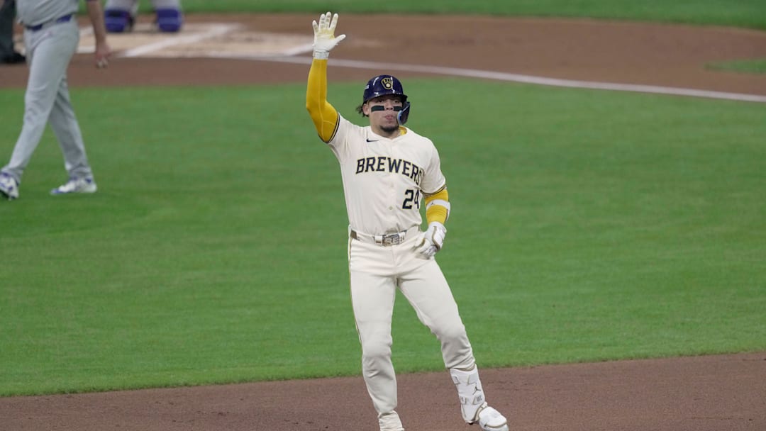 Milwaukee Brewers catcher William Contreras (24) celebrates his solo home run during the first inning of their National League Division Series game against the Chicago Cubs Saturday, October 11, 2025 at American Family Field in Milwaukee, Wisconsin.