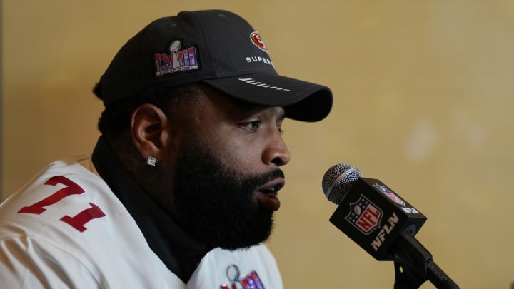 Feb 8, 2024; Las Vegas, NV, USA; San Francisco 49ers offensive tackle Trent Williams (71) during a press conference before Super Bowl LVIII at Hilton Lake Las Vegas Resort and Spa. Mandatory Credit: Kyle Terada-USA TODAY Sports