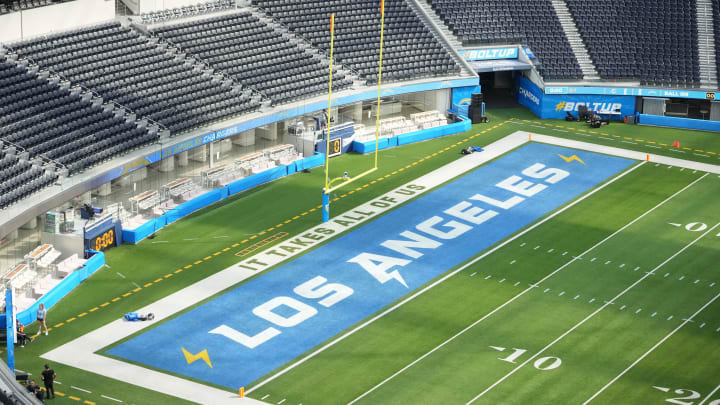 Sep 10, 2023; Inglewood, California, USA; Overall view of the Los Angeles Chargers bolt logo in the end zone at SoFi Stadium. Mandatory Credit: Kirby Lee-USA TODAY Sports