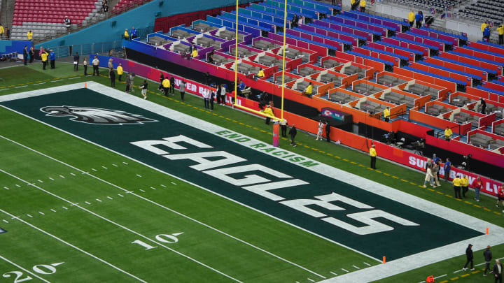 Feb 12, 2023; Glendale, AZ, USA; A general view of the Philadelphia Eagles logo in the end zone before Super Bowl LVII against the Kansas City Chiefs at State Farm Stadium. Mandatory Credit: Kirby Lee-USA TODAY Sports