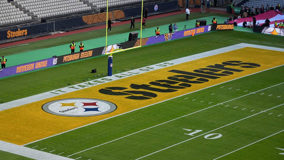 Sep 28, 2025; Dublin, Ireland; A Pittsburgh Steelers logo in the end zone during an NFL International Series game at Croke Park. Mandatory Credit: Kirby Lee-Imagn Images