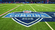 Feb 25, 2025; Indianapolis, IN, USA; The 2025 NFL Scouting Combine logo on the field at Lucas Oil Stadium. Mandatory Credit: Kirby Lee-Imagn Images