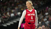 Indiana Fever guard Sophie Cunningham (8) during the first half of a WNBA basketball game against the Las Vegas Aces at T-Mobile Arena. 