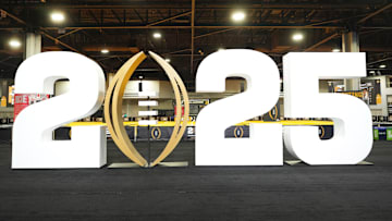 Jan 18, 2025; Atlanta, GA, USA; The 2025 College Football Playoff logo at Playoff Fan Central at the Georgia World Congress Center. Mandatory Credit: Kirby Lee-Imagn Images