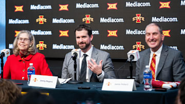 Jimmy Rogers speaks during his introductory press conference as Iowa State’s new head football coach on Dec. 8, 2025, at Iowa State University in Ames, IA.