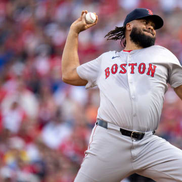 Boston Red Sox pitcher Kenley Jansen (74) delivers a pitch in the ninth inning of the MLB baseball game between the Cincinnati Reds and the Boston Red Sox at Great American Ball Park in Cincinnati on Saturday, June 22, 2024.