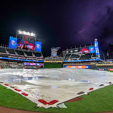A general view of Target Field during a weather delay between the Atlanta Braves and Minnesota Twins at Target Field in Minneapolis on Aug. 26, 2024.