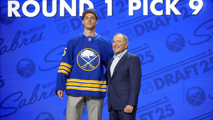 Jun 27, 2025; Los Angeles, California, USA; Radim Mrtka is selected as the ninth overall pick to the Buffalo Sabres in the first round of the 2025 NHL Draft at Peacock Theater. Mandatory Credit: Kirby Lee-Imagn Images