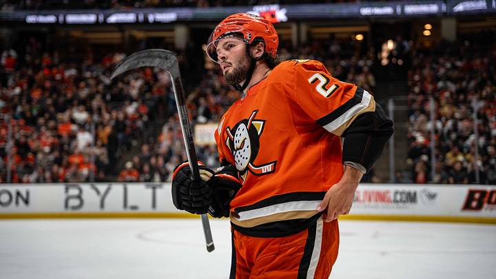 May 10, 2026; Anaheim, California, USA; Anaheim Ducks center Mason McTavish (23) during the second period against the Vegas Golden Knights  in game four of the second round of the 2026 Stanley Cup Playoffs at Honda Center. Mandatory Credit: Corinne Votaw-Imagn Images