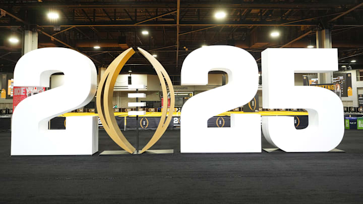 Jan 18, 2025; Atlanta, GA, USA; The 2025 College Football Playoff logo at Playoff Fan Central at the Georgia World Congress Center. Mandatory Credit: Kirby Lee-Imagn Images