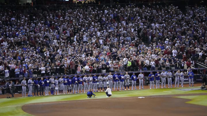 Oct 31, 2023; Phoenix, Arizona, USA; Arizona Diamondbacks fans along with the Texas Rangers show