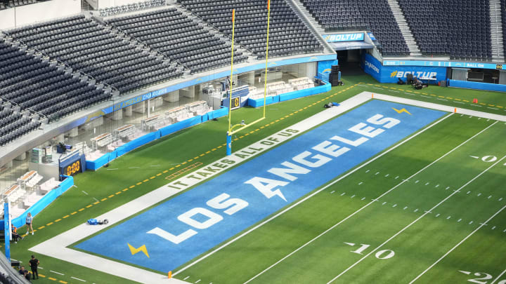 Sep 10, 2023; Inglewood, California, USA; Overall view of the Los Angeles Chargers bolt logo in the end zone at SoFi Stadium. Mandatory Credit: Kirby Lee-USA TODAY Sports