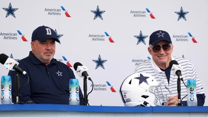 Jul 26, 2022; Oxnard, CA, USA; Dallas Cowboys coach Mike McCarthy (left) and owner Jerry Jones at training camp press conference at the River Ridge Fields.  