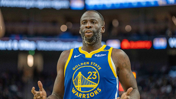 Dec 6, 2024; San Francisco, California, USA; Golden State Warriors forward Draymond Green (23) reacts to a call against the Minnesota Timberwolves during the fourth quarter at Chase Center. Mandatory Credit: Neville E. Guard-Imagn Images
