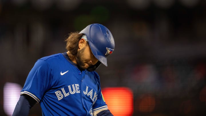 Jul 9, 2024; San Francisco, California, USA;  Toronto Blue Jays shortstop Bo Bichette (11) reacts after being called out on strikes San Francisco Giants during the eighth inning at Oracle Park. Mandatory Credit: Neville E. Guard-USA TODAY Sports