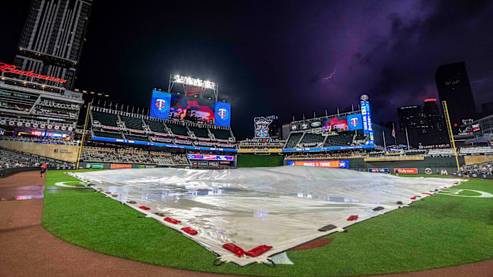A general view of Target Field during a weather delay between the Atlanta Braves and Minnesota Twins at Target Field in Minneapolis on Aug. 26, 2024. A general view of Target Field during a weather delay between the Atlanta Braves and Minnesota Twins at Target Field in Minneapolis on Aug. 26, 2024.