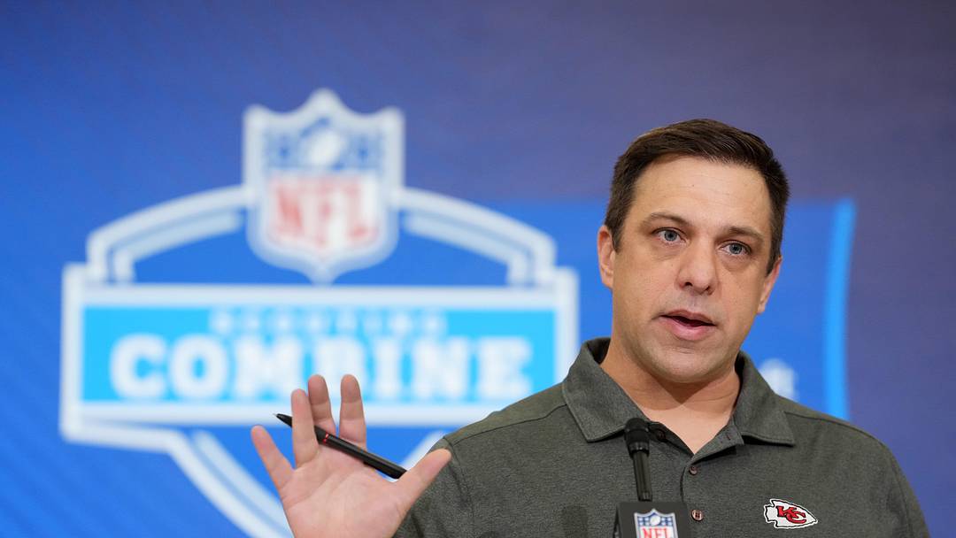 Feb 24, 2026; Indianapolis, IN, USA; Kansas City Chiefs general manager Brett Veach speaks at the NFL Scouting Combine at the Indiana Convention Center. Mandatory Credit: Kirby Lee-Imagn Images