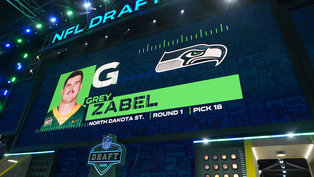 Apr 24, 2025; Green Bay, WI, USA; North Dakota State guard Grey Zabel is selected as the No. 18 pick by the Seattle Seahawks.