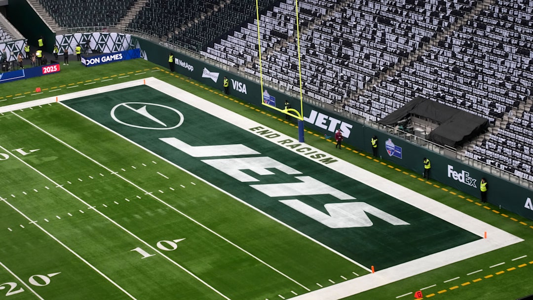 Oct 12, 2025; Tottenham, United Kingdom; The New York Jets logo in the end zone during an NFL International Series game at Tottenham Hotspur Stadium. Mandatory Credit: Kirby Lee-Imagn Images