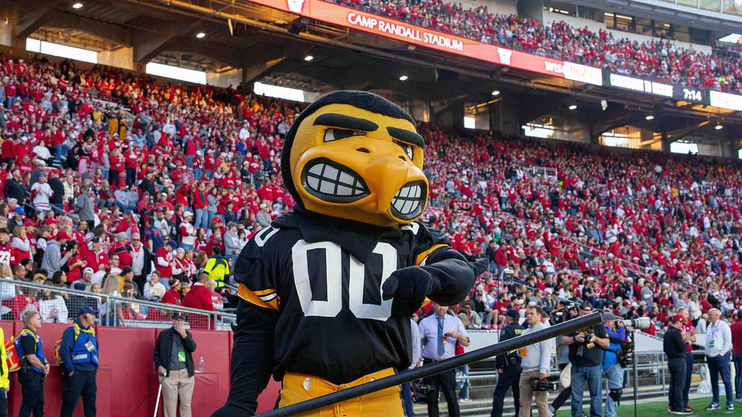 Oct 11, 2025; Madison, Wisconsin, USA; Herky the Hawk of the Iowa Hawkeyes poses for a photo before a game between the Wisconsin Badgers and the Iowa Hawkeyes at Camp Randall Stadium. Mandatory Credit: Ross Harried-Imagn Images Oct 11, 2025; Madison, Wisconsin, USA; Herky the Hawk of the Iowa Hawkeyes poses for a photo before a game between the Wisconsin Badgers and the Iowa Hawkeyes at Camp Randall Stadium. Mandatory Credit: Ross Harried-Imagn Images