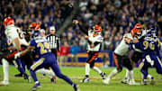 Cincinnati Bengals quarterback Joe Burrow (9) throws a pass in the fourth quarter of the NFL game at M&T Banks Stadium in Baltimore on Thursday, Nov. 7, 2024.