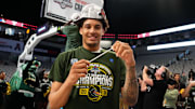 Mar 17, 2024; Fort Worth, TX, USA;  UAB Blazers forward Yaxel Lendeborg (3) cuts the net after defeating the Temple Owls for the American Athletic Conference Championship at Dickies Arena.  Mandatory Credit: Chris Jones-Imagn Images