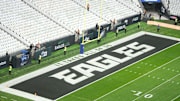 Sep 6, 2024; Sao Paulo, Brazil; The Philadelphia Eagles logo in the end zone at the 2024 NFL Sao Paolo Game at Neo Quimica Arena. Mandatory Credit: Kirby Lee-Imagn Images