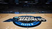 Mar 30, 2024; Los Angeles, CA, USA; The NCAA March Madness Sweet 16 and Elite Eight logo at midcourt before the game between the Clemson Tigers and the Alabama Crimson Tide in the finals of the West Regional of the 2024 NCAA Tournament at Crypto.com Arena. Mandatory Credit: Kirby Lee-USA TODAY Sports