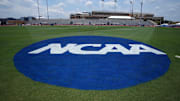 Jun 7, 2023; Austin, TX, USA; The NCAA logo on the infield during the NCAA Track & Field Championships at Mike A. Myers Stadium. Mandatory Credit: Kirby Lee-Imagn Images