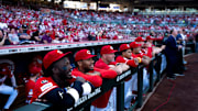 Cincinnati Reds shortstop Elly De La Cruz wears a number 14 patch on his jersey for Pete Rose at Great American Ball Park during the Cincinnati Red’s Pete Rose night at the ballpark on Wednesday, May 14, 2025 in Cincinnati.