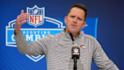 Feb 25, 2025; Indianapolis, IN, USA; Denver Broncos general manager George Paton speaks during the NFL Scouting Combine at the Indiana Convention Center. 